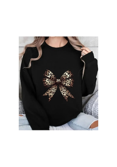 Herkesemoda Leopar Fiyonk Baskı Detaylı Bisiklet Yaka Sweatshirt Siyah