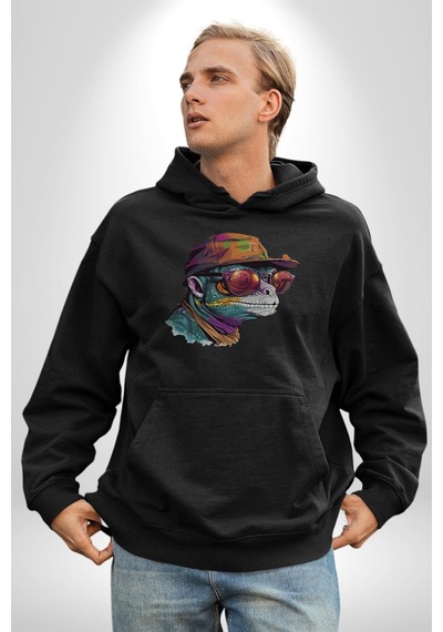 Gözlük Şapka Mukalemun Kadın Erkek Siyah Kapüşonlu Sweatshirt Hoodie Siyah