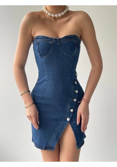 Defymoda Nerg Düğme Detaylı Elbise Koyu Mavi