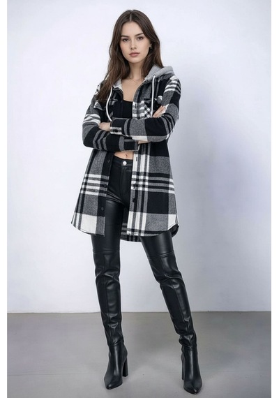 Mamayaga Kadın Desen Bloklu Oduncu Oversize Geniş Kalıp Casual Cepli Kapüşonlu Uzun Boy Ceket Gömlek Siyah Beyaz