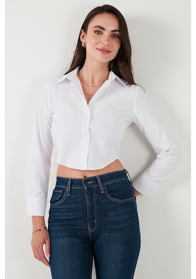 Lela Pamuk Karışımlı Slim Fit Uzun Kollu Crop Bayan Gömlek 6777336 Beyaz
