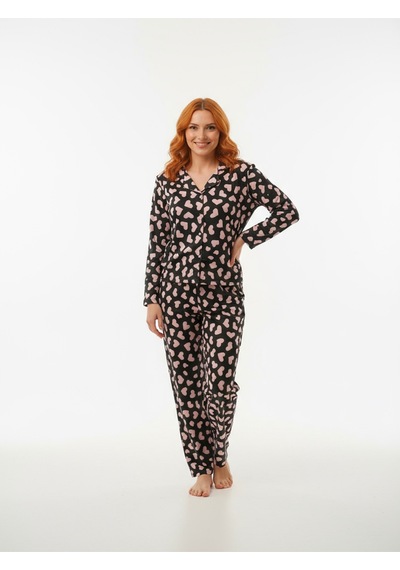 Süet Gömlek Pijama Takımı 7103 Kalpli Siyah Siyah