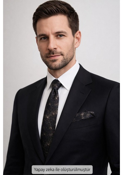 Gaffy Bej Desenli Kahverengi Dokuma Kumaş Mendilli Slim Fit Kravat // Sdk-2613-6 Bej