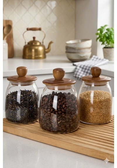 Morponi 3 Adet Akasya Kapaklı Herry Borosilikat Konik Cam Kavanoz 950 Ml Amber