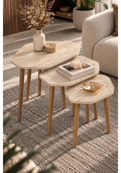Sulorahome 3'lü Geometrik Zigon Sehpa Seti Sehpa Beyaz Mermer Desen Ayaklar Beyaz