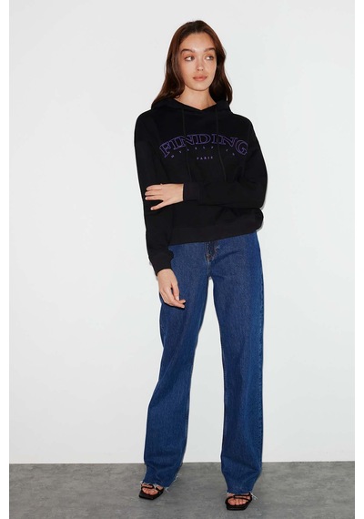 Ethıquet Sydney Kadın İçi Polarlı Önü Nakışlı Regular Fit Kapüşonlu Siyah Sweatshirt