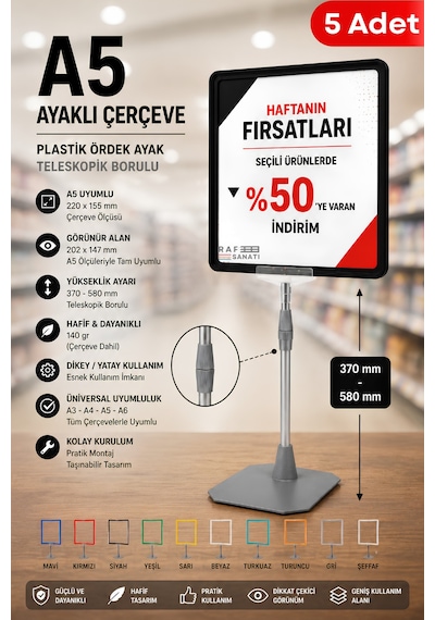 5 Adet - A5 Ayaklı Çerçeve Seti Plastik Ördek Ayak Teleskopik Borulu Fiyat Etiketliği Yönlendirme Levhası Menü Panosu Siyah