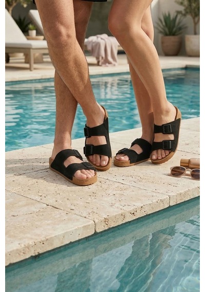 Rungo Comfort Çift Bantlı Nubuk Unisex Terlik Günlük Sahil Plaj Terliği Siyah