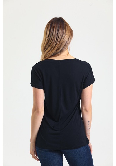 Kadın Bambu Kumaş V Yaka T-shirt Siyah