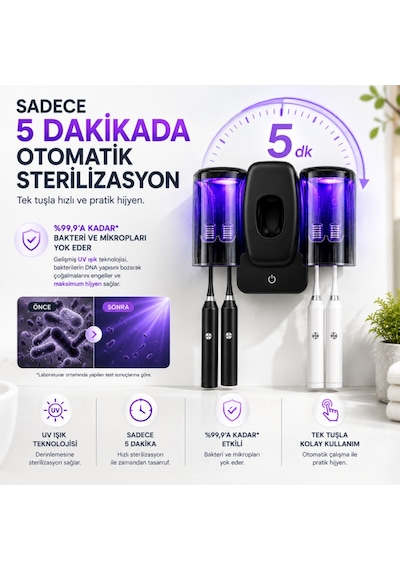 Uv Sterilizasyonlu Diş Fırçası Tutucu, Otomatik Diş Macunu Dispenseri, 4 Fırça Kapasiteli, 1200mah Şarjlı, Duvara Monte Siyah