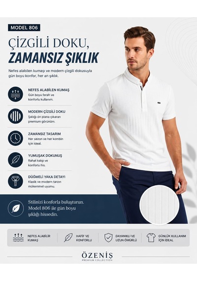 Özeniş Erkek Polo Yaka Slim Fit Çizgili Desen Kaşkorse T-shirt Beyaz