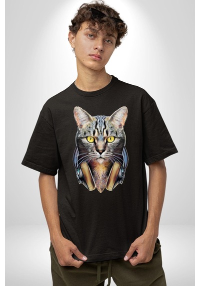 Kulaklık Kedi Pamuklu Bisiklet Yaka Unisex Oversize Boyfriend Dijital Baskılı Siyah T-shirt Siyah