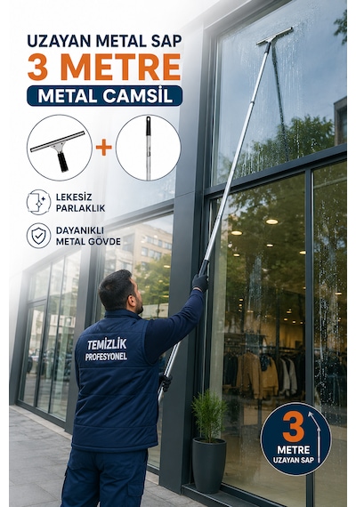 3m Uzayan Saplı Metal Camsil Seti 35 Cm Profesyonel Cam Temizleme Aparatı Açık Gri