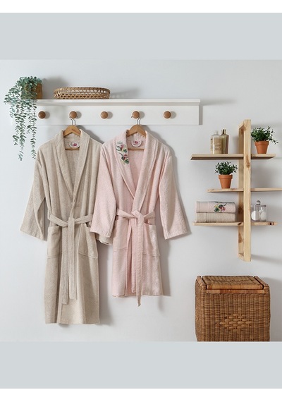 Taç Soft Bambu Aile Bornoz Seti Floret Somon-Kahverengi
