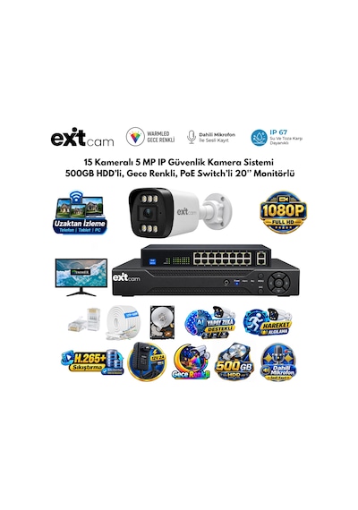 Exitcam 15 Kameralı 5 Mp Ip Poe Güvenlik Kamera Sistemi 20 İnç Monitör, 500 Gb Hdd, 300 Metre Kablo, Sesli Ve Gece Renkli