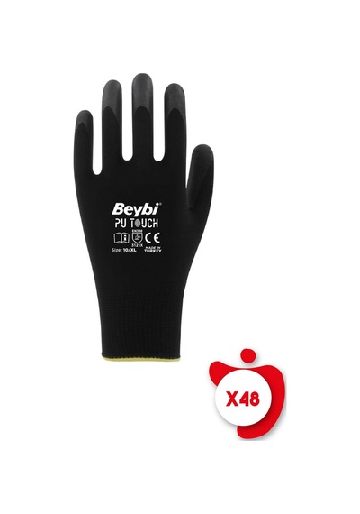 Beybi PU Touch Siyah Poliüretan Kaplı Polyester Örme Nitril İş Eldiveni 9 Beden 48 Çift