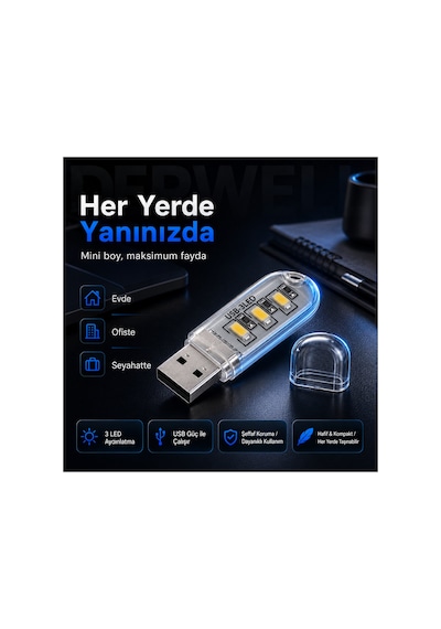 Yeni 2026 Kompakt Mini Usb Led Aydınlatma Taşınabilir Masa Lambası 3 Led Smd Parlak Beyaz Işık Laptop Pc Powerbank Uyumlu Şeffaf Gövde Koruyucu Kapaklı Kitap Okuma Kamp Gece Lambası Dayanıklı