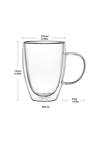 6'lı Çift Camlı 350 Ml Çift Cidarlı Cam Kupa Ev Ofis Fincanı Çift Katlı Isı Yalıtımlı Kulplu Bardak