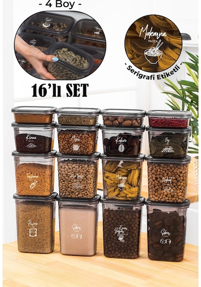 Vienev Beyaz Serigrafi Etiketli 16'lı Peggy Dikdörtgen Saklama Kabı Seti 4x 1500-1150-800-400 ML Antrasit