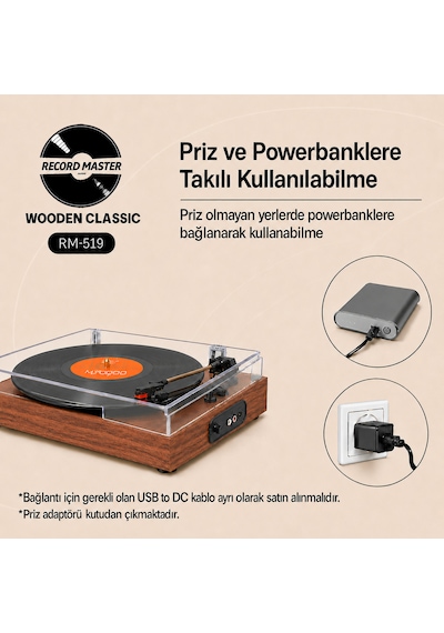 Record Master Rm-519 Pikap - Bluetooth Özellkli - 33 Ve 45 Devir Plaklar İle Uyumlu - Güçlü Ses Ahşap Kahverengi