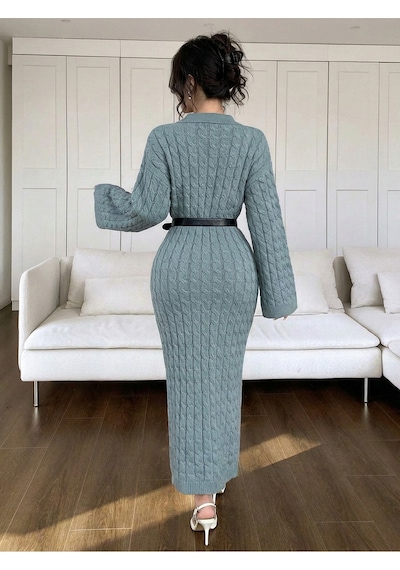 Sayzen Your Shine Gömlek Yaka Düğmeli Saç Örgülü Triko Elbise Sy-2515 Nardo Gri