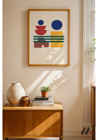 Bauhaus Geometrik Denge, Ahşap Çerçeveli Duvar Tablosu - Modern Ev Dekorasyonu