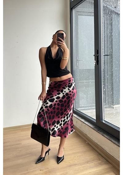 Mixray 4647 Kadın Beli Lastikli Leopar Saten Etek Bordo