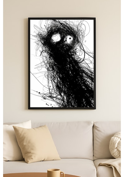 Inner Chaos Siyah Ahşap Çerçeveli Poster, Dekoratif Soyut Monokrom Duvar Tablosu