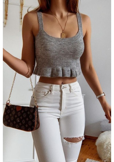 Madmext Mad Girls Gri Tiriko Bluz Mg1007-gri Gri