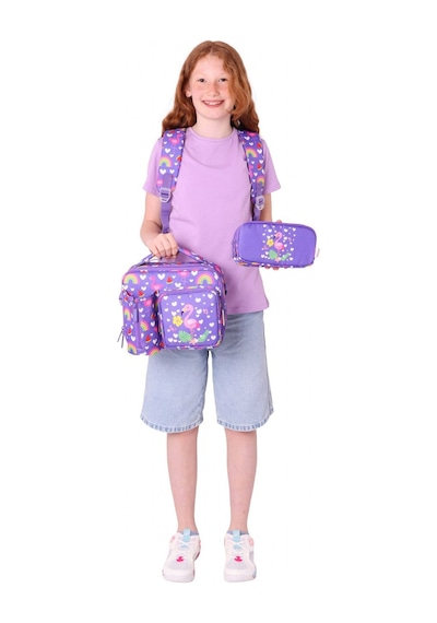 Kaukko Kids Kız Çocuklara Özel Mor Pembe - Flamingo Nakışlı Ve Baskılı Üçlü Okul Çantası Seti Mor - Pembe