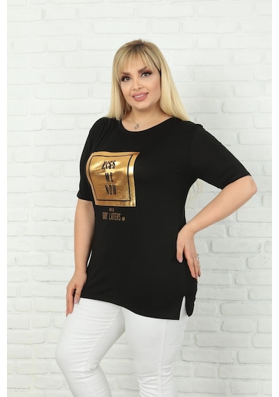 Modasehle Kadın Büyük Beden Varak Baskılı T-shirt Siyah Varak