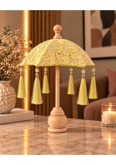 Renk Seçenekli Dekoratif Bali Şemsiyesi Fransız Dantel Kaplama Püsküllü Ahşap Ayaklı 45x30 Cm 25545702