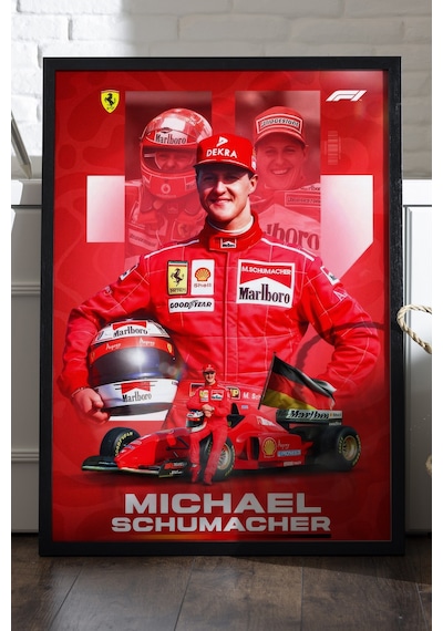 Michael Schumacher Siyah Ahşap Çerçeveli Poster, Dekoratif Formula 1 Duvar Tablosu
