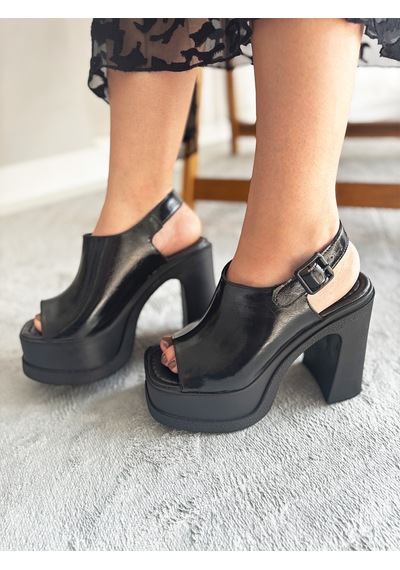 Asmi Shoes Kadın Veronica Siyah Rugan 12 Cm Önü Ve Arkası Açık Platform Topuklu Ayakkabı