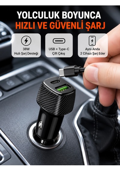 Kompakt Tasarımlı Type-c + Usb Girişli Araç Şarj Başlığı 75259166