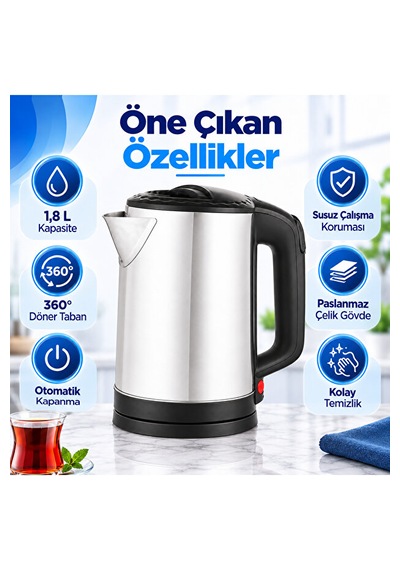 1.8 L Paslanmaz Çelik Elektrikli Su Isıtıcı Kettle 360 Döner Tabanlı Otomatik Kapanmalı Susuz Çalışma Korumalı