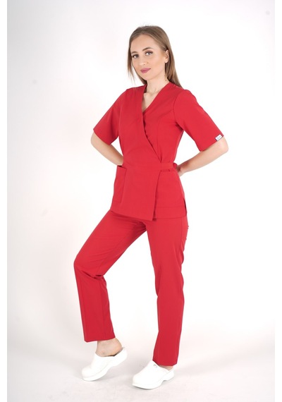 Kırmızı Elegant Model Cerrahi Üniforma Belden Bağlamalı Scrubs Takım Kırmızı