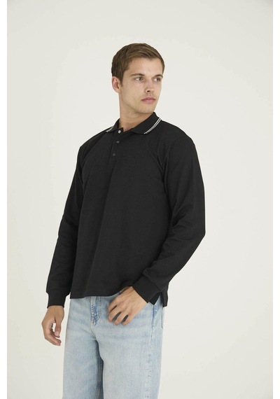 Kly Erkek Polo Yaka Pamuklu Yumuşak Dokulu Modern Sweatshirt Sİyah