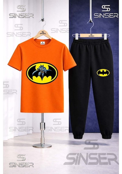 Ss Sinser Çocuk Batman Logo Icınde Baskılı Tişort Eşofman Takımı Turuncu - Siyah