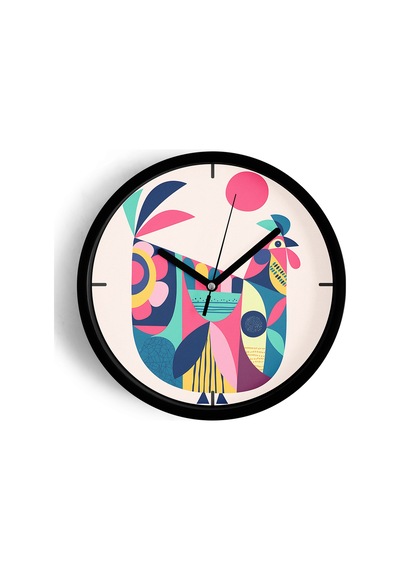 Renkli Horoz Desenli Modern Duvar Saati - 25cm - Önü Camlı Siyah Kasa - Sessiz Mekanizma-jh0509 Siyah