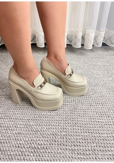 Asmi Shoes Kadın Mila Bej Kare Toka Loafer Model 12 Cm Platform Topuklu Ayakkabı
