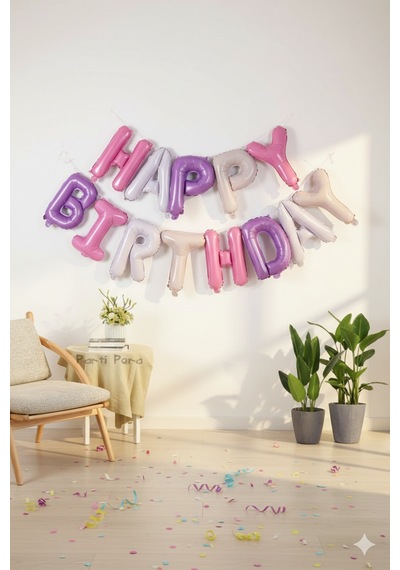 35 Cm Happy Birthday Pembe Mor Harf Folyo Balon Seti - Doğum Günü Parti Dekorasyonu Çok Renkli