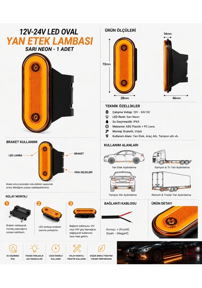 Mega Oto Market 12v Led Braketli Oval Yan Etek Lambası Sarı Neon Araç Altı Aydınlatma 1 Adet