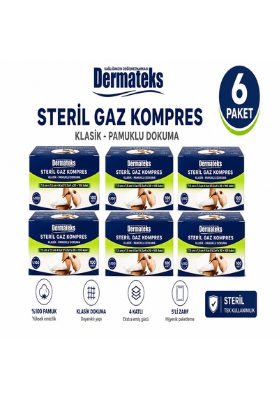 Dermateks Steril Kompres 7,5 7,5 Cm 4 Kat 100'lü 6 Paket