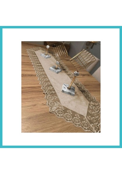 Bezos Kadife Dantel Detaylı Krem Runner 140x40cm Kahve Dfnbez