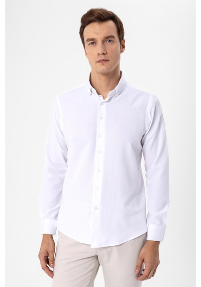 Süvari Beyaz Slim Fit Düz Düğmeli Yaka Gömlek Beyaz