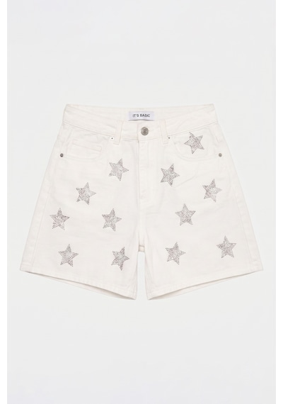 it's basic Kadın Kırık Beyaz T-7s6-101 Mom Relax Yıldız Detaylı Tasarım Denim Şort
