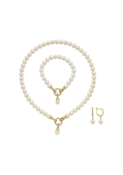 Halka Kilitli Doğal İnci Küpe Kolye Bileklik Üçlü Set 45 Cm / Rose Gümüş