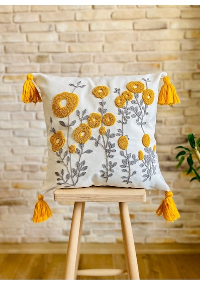 Swita Home 4'lü Kombin Punch Işlemeli Kırlent Kılıfı Panç Gri - Sarı