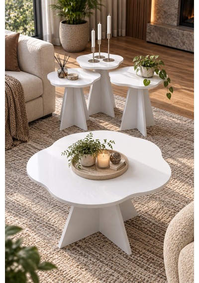Sulorahome Çiçek Formlu Beyaz 4'lü Sehpa Seti